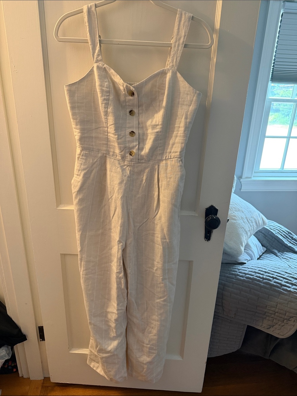 Cream Linen-Blend Button Front Jumpsuit